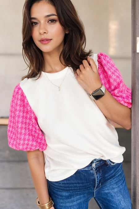 Contrast Tweed Puff Sleeve Top