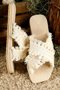 Tassel Woven Crossed Straps Flat Slippers