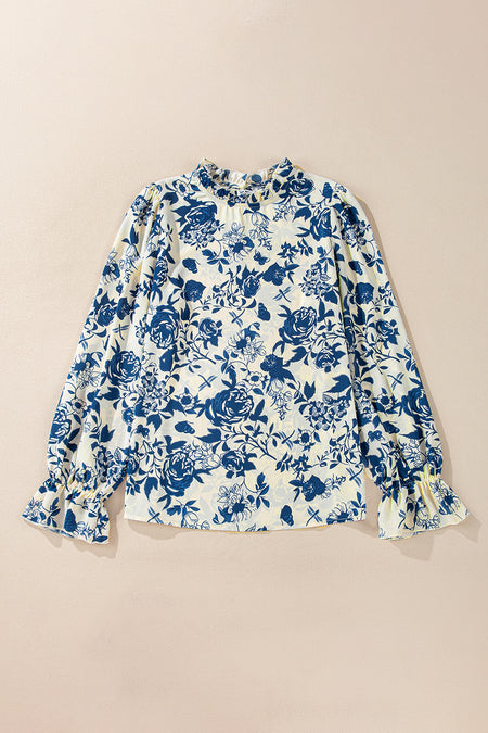 Floral Print Flounce Sleeve Keyhole Back Blouse