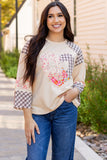 Plaid Floral Peace Heart Graphic Wide Long Sleeve Top