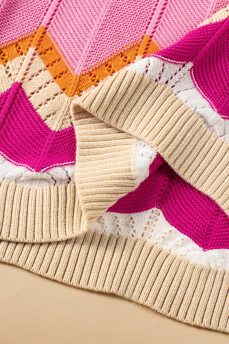 Pink Stripe Chevron Pointelle Knit V Neck Short Sleeve Sweater