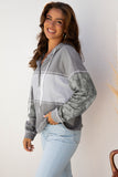Gray Waffle Printed Patchwork Drawstring Hooded Long Sleeve Top