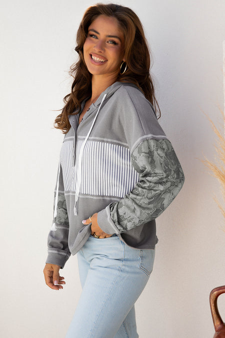 Gray Waffle Printed Patchwork Drawstring Hooded Long Sleeve Top