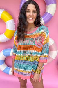 Stripe Colorblock Hollowed Crochet 3/4 Sleeve Sweater