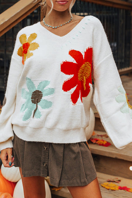 Flower Pattern V Neck Drop Shoulder Sweater