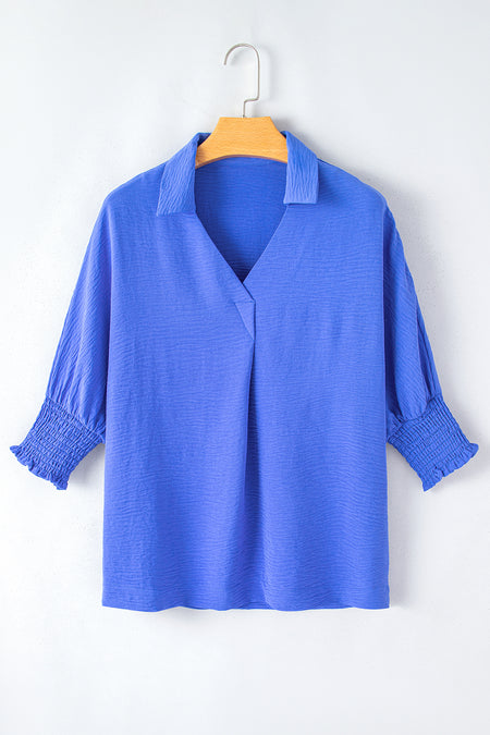 Boxy Collared Smocked Sleeve Cuffs Blouse