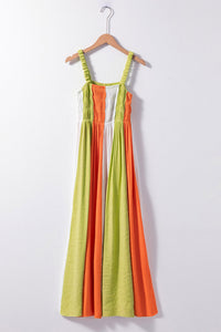 Color Block Shirred High Waist Fit and Flare Maxi Dress
