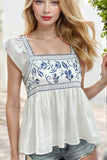 White Embroidered Bust Square Neck Peplum Blouse