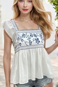 White Embroidered Bust Square Neck Peplum Blouse