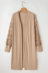 Lace Patchwork Ribbed Knit Open Front Duster Cardigan