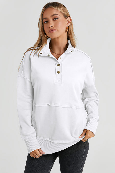 White Ribbed Hem Snap Button Neckline Sweatshirt with Pocket