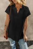 Textured V Neck Collared Short Sleeve Top