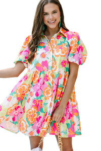 Floral Puff Sleeve Collar Buttoned Babydoll Dress