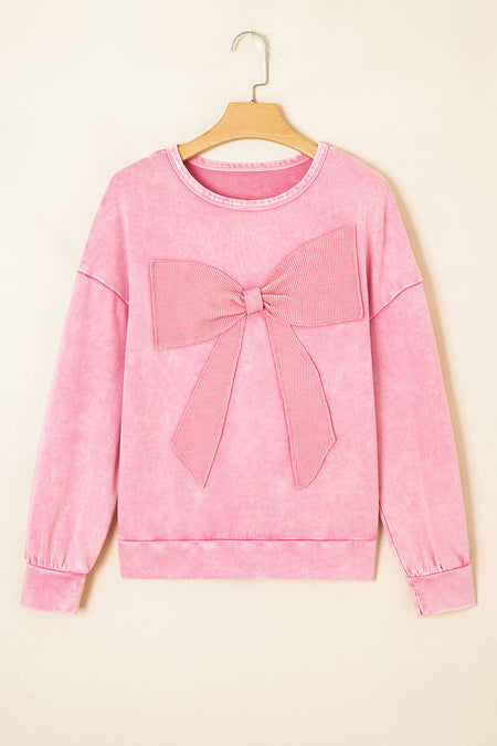 Mineral Wash Big Bow Patchwork Pullover Sweatshirt