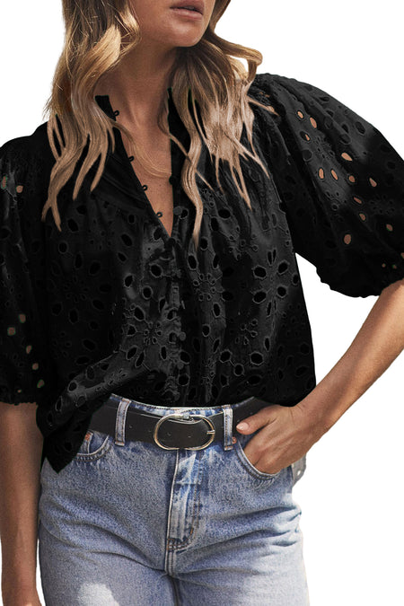 Flower Embroidered Hollow-out Puff Sleeve Blouse