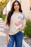 Plaid Floral Peace Heart Graphic Wide Long Sleeve Top