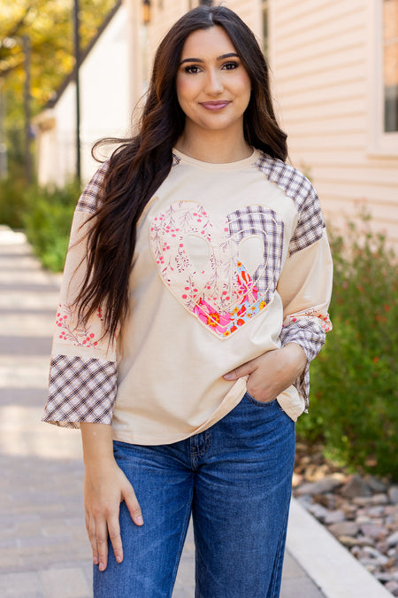 Plaid Floral Peace Heart Graphic Wide Long Sleeve Top