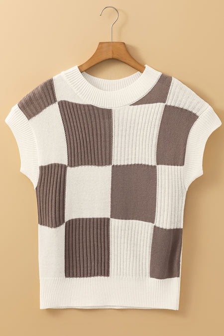 Checkered Color Block Crew Neck Short Sleeve Sweater