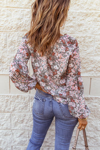 Floral Print V Neck Long Puff Sleeve Top