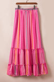 Pink Boho Printed Tasseled Drawstring Ruffled Maxi Skirt