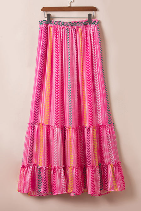 Pink Boho Printed Tasseled Drawstring Ruffled Maxi Skirt