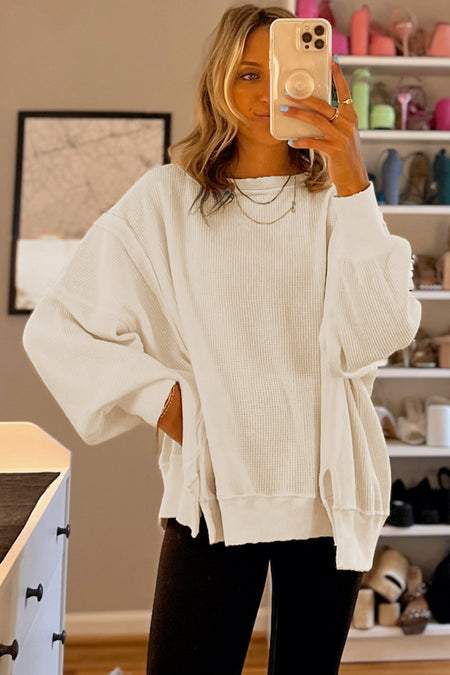 Waffle Knit Bishop Sleeve Split Oversized Sweatshirt