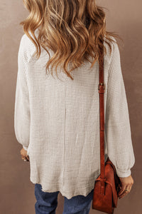 Waffle Knit Buttoned Front Raglan Sleeve Loose Blouse