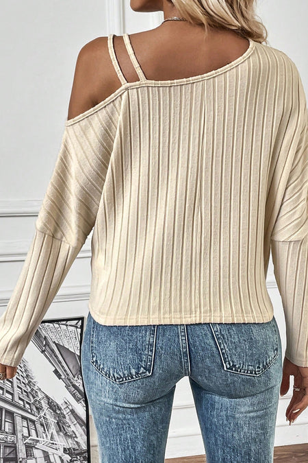 Asymmetrical Neck Cold Shoulder Twisted Knit Ribbed Top