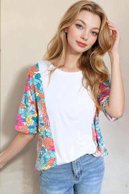 Floral Print Patchwork Short Sleeve Top