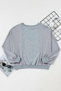 Waffle Patchwork Long Sleeve Raw Hem Pullover Top