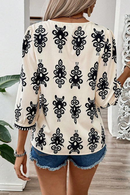 Printed 3/4 Sleeve V Neck Blouse