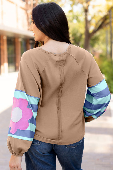 Flower Patchwork Raglan Sleeve Exposed Seam Oversized Top