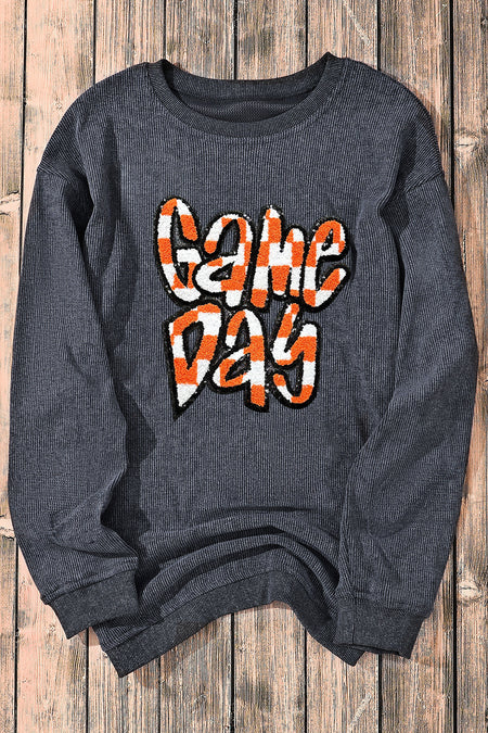 Chenille Checkered Game Day Graphic Drop Shoulder Corded Sweatshirt