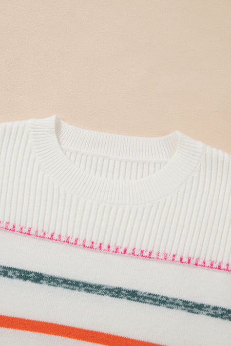 Colorful Striped Ribbed Trim Sweater