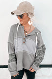 Gray Waffle Printed Patchwork Drawstring Hooded Long Sleeve Top