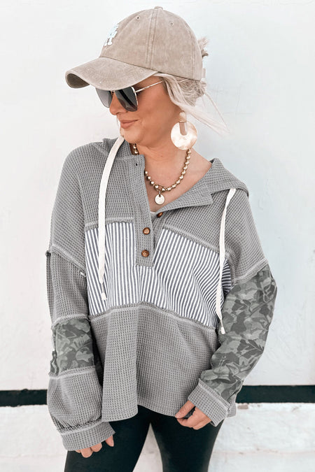 Gray Waffle Printed Patchwork Drawstring Hooded Long Sleeve Top