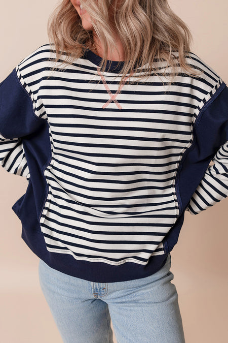 Stripe Color Block Exposed Seam Loose Fit Sweatshirt