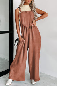 Textured Buttoned Straps Ruched Wide Leg Jumpsuit