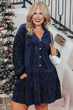 Plus Size Textured Velvet Tiered Button V Neck Dress