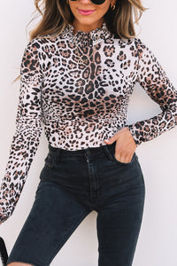 Leopard Mesh Long Sleeve Bodysuit