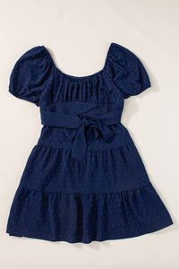 Swiss Dot Jacquard Puff Sleeve Crossover Tied Tiered Dress