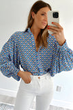 Abstract Print Shirred Cuff Buttoned Oversized Shirt