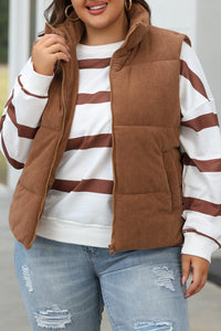 Corduroy Stand Neck Zipped Puffer Vest