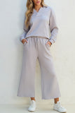 Collared V Neck Top Wide Leg Pants Set