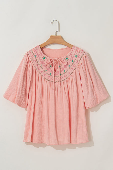 Geometric Embroidered V Neck Puff Sleeve Blouse