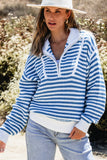 Stripe Zip up Collar Drop Shoulder Sweater