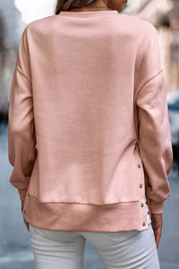 Light Pink Snap Buttons Side Splits Pullover Sweatshirt