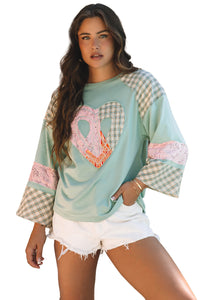 Plaid Floral Peace Heart Graphic Wide Long Sleeve Top