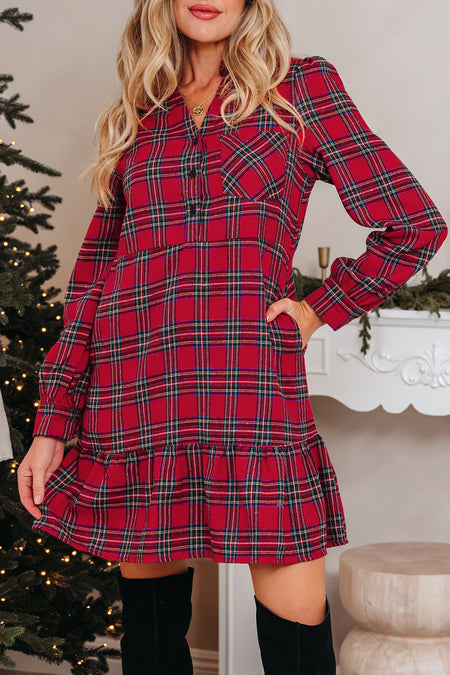 Plaid Half Button Long Sleeve Shirt Mini Dress