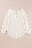 Waffle Knit Buttoned Front Raglan Sleeve Loose Blouse